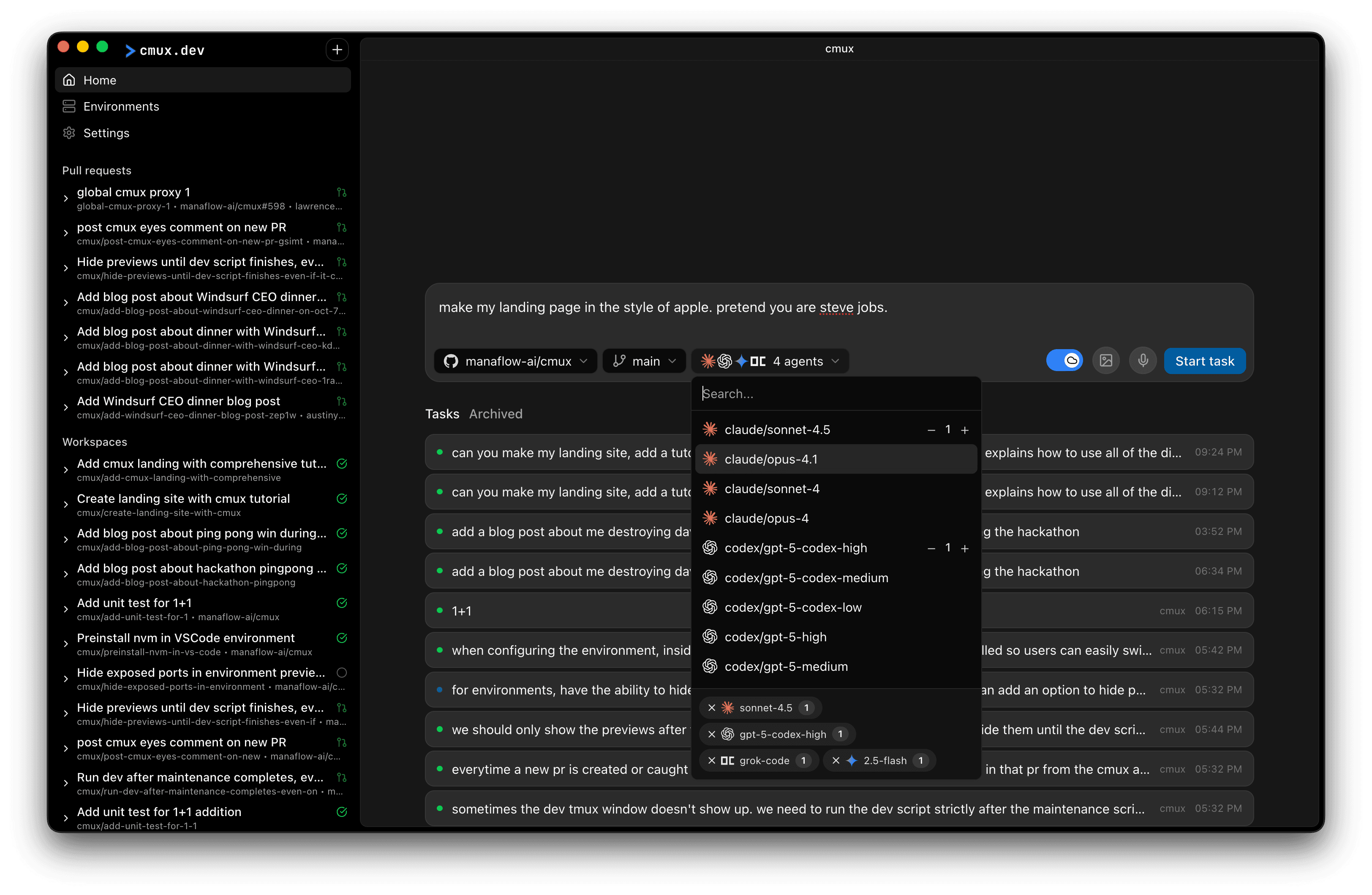 Manaflow dashboard showing parallel AI agents